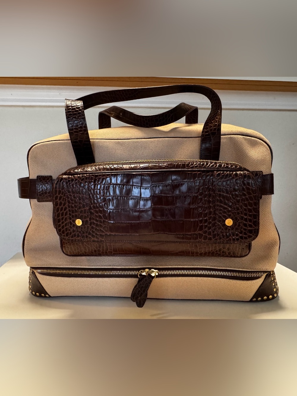 Diane Von Furstenberg Beige Canvas Travel Bag with Dark Brown Croc-Embossed Trim